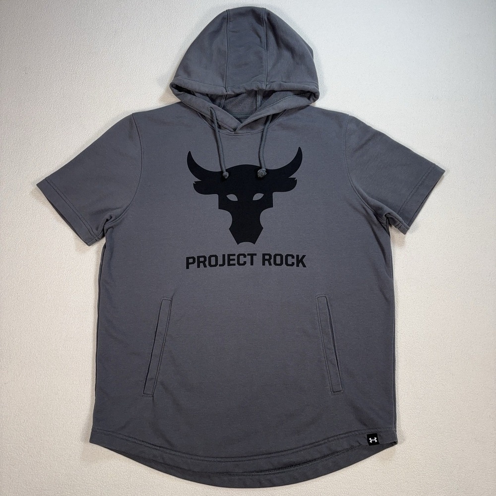 Under Armour Project Rock Hoodie Men's M Gray Loose Fit Drawstring Pocket Bull